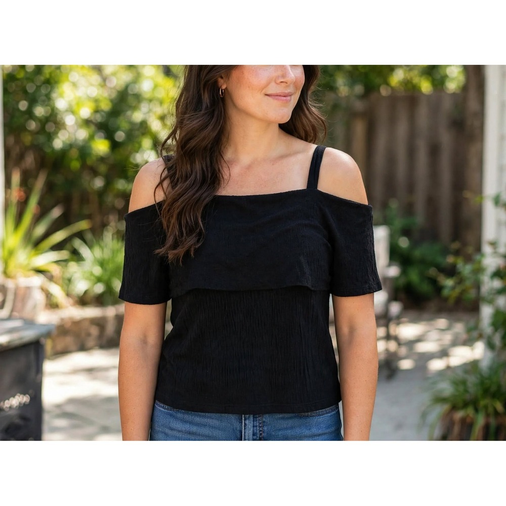 Chicos Travelers Women's Cold Shoulder Overlay Black Blouse Top Plus Size 3